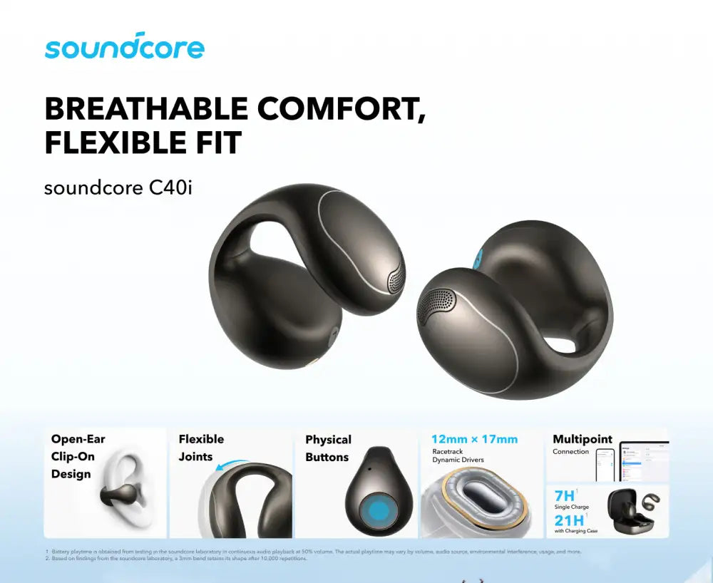سماعة Anker Soundcore C40i المفتوحة على الأذن مريحة بتصميم Clip-On + صوت