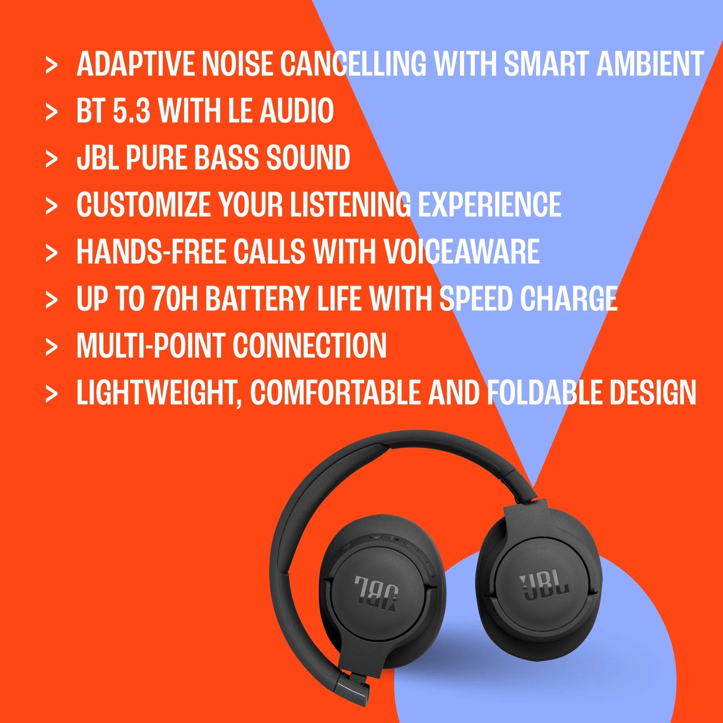 سماعة JBL Tune 770NC اللاسلكية بإلغاء الضوضاء التكيفي (70 س بطارية + Smart