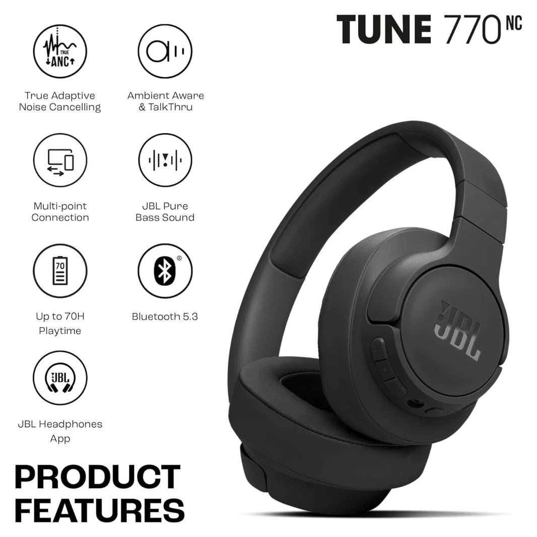 سماعة JBL Tune 770NC اللاسلكية بإلغاء الضوضاء التكيفي (70 س بطارية + Smart